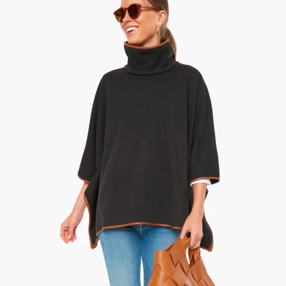 Tuckernuck Black Leather Trim Funnel Neck Piper Poncho NWT One Size - Picture 3 of 9